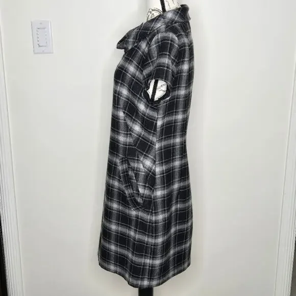 FRENCH CONNECTION Black and Gray Plaid Short Sleeve Cowl Neck Dress Pockets 8 - Picture 2 of 11